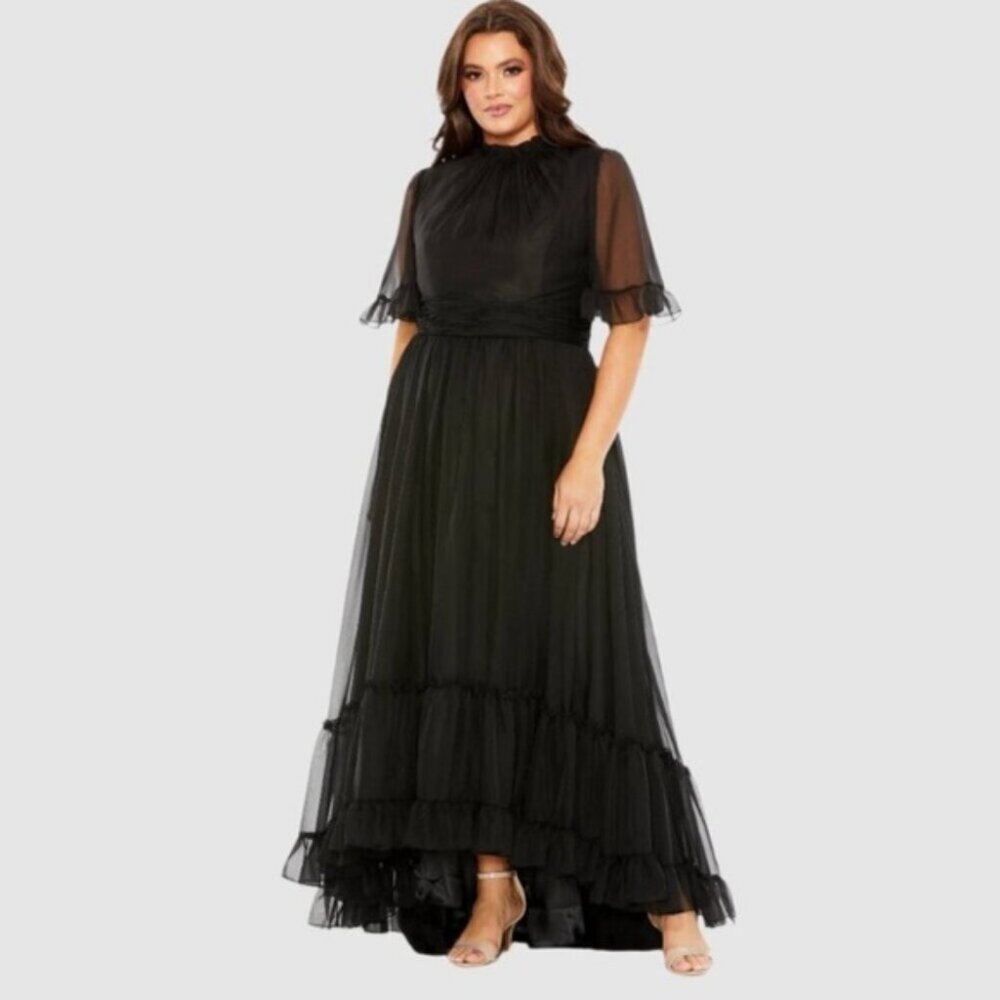 NWT Mac Duggal 68427 High Neck Flutter Sleeve Ruffle Tiered High Low Gown Dress